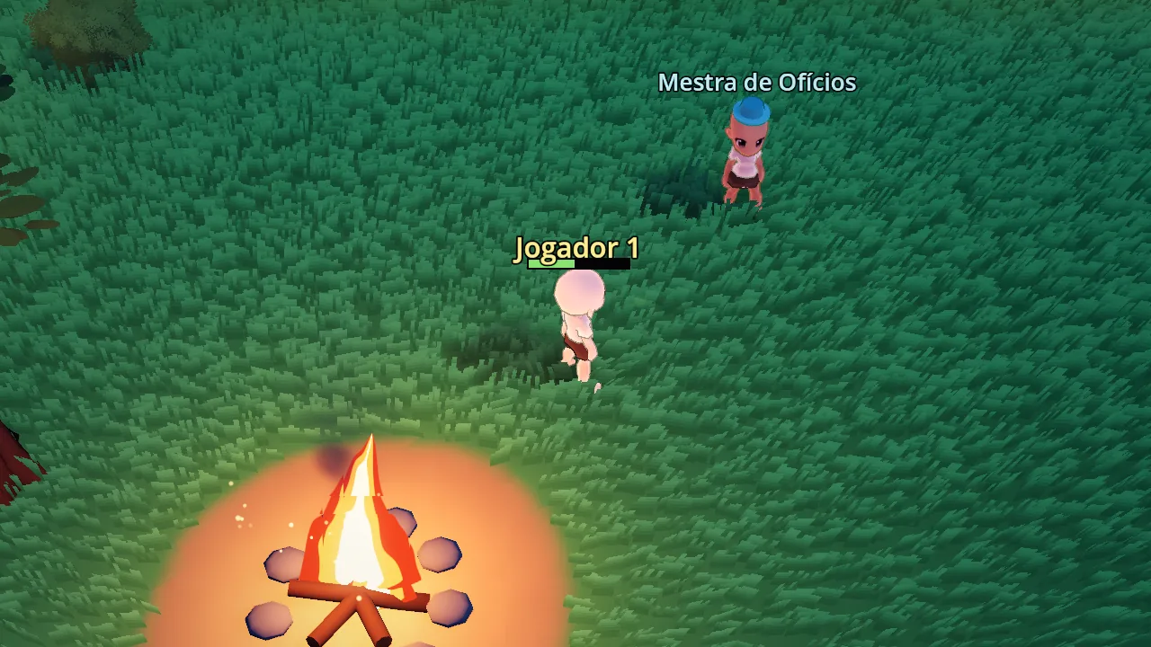 Aventureiro perto de uma fogueira acesa no campo, à noite