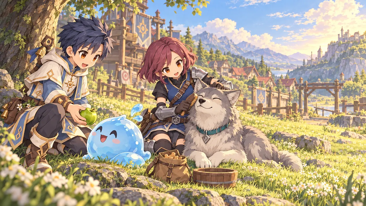 Aventureiros descansam ao lado de um lobo cinzento e de uma criatura azul sorridente